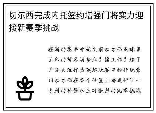 切尔西完成内托签约增强门将实力迎接新赛季挑战